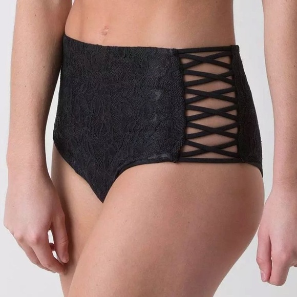 Amuse Society High Waist Black Lace Sola Stretch Crisscross Side Bikini Bottom - Picture 1 of 5